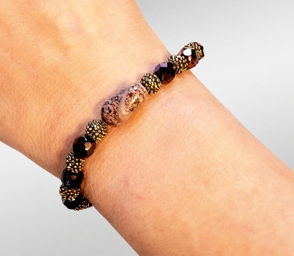 Vintage Purple Silver Beaded‎ Bracelet 8" long- Ceramic & Glass sbr-50